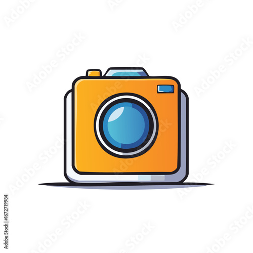 Vibrant Orange Cartoon Camera with Blue Lens and Flash, Studio Icon