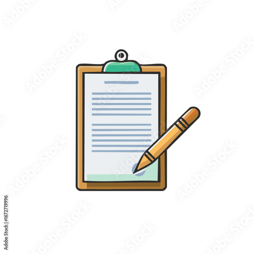 Signing contract on clipboard with pen, cartoon illustration, agreement document, business paperwork, approval concept