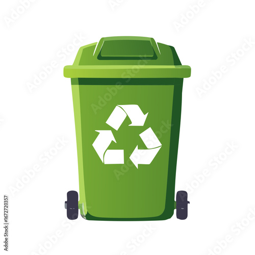 Green recycling bin with white recycle symbol eco friendly waste container illustration
