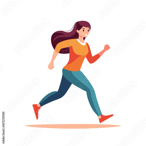 Young woman running with long flowing hair wearing athletic clothing and sneakers during a sports activity