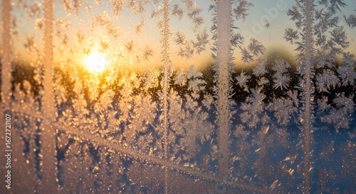 Frosted Window with Snowflake Patterns and Sunlight in Winter Morning