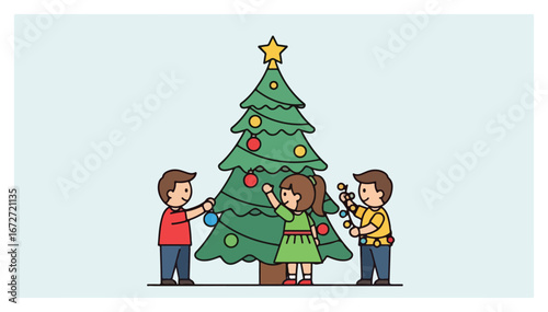 Children Decorating Christmas Tree Together.