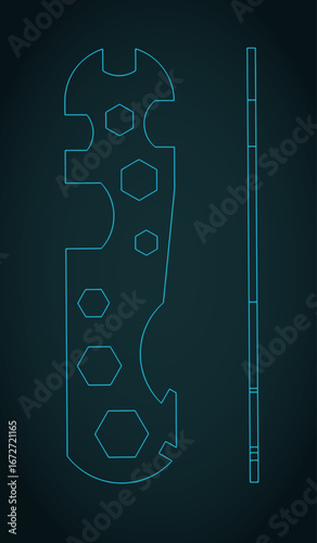 Bicycle steel hexagon multitool wrench blueprints illustration