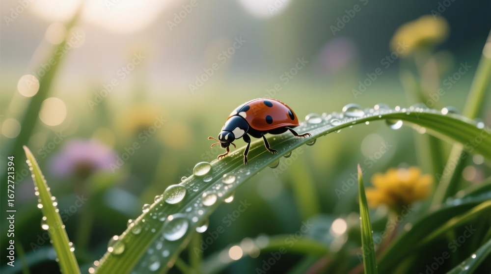 Fototapeta premium Ladybug on dewy grass at sunrise