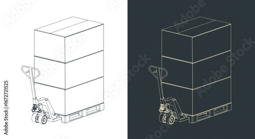 Pallet jack with cardboard boxes on pallets isometric drawings