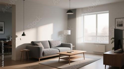 Light-filled modern living room  featuring a gray sofa  wooden coffee table  and a view through a large window