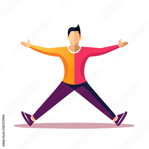 Abstract person doing stretching exercise with arms wide open and legs apart for health and fitness concept