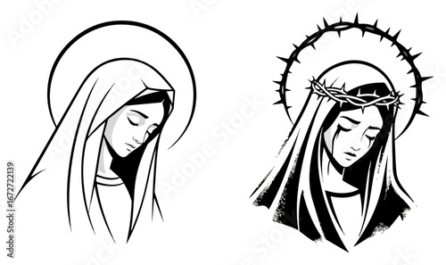 Drawings of the Virgin Mary with halo and crown of thorns.