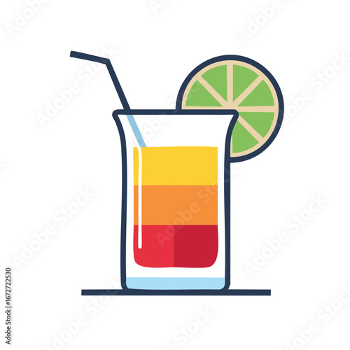 Layered Tropical Cocktail with Lime Slice and Straw Isolated Illustration