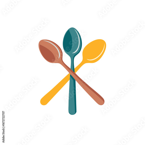 Three assorted color spoons crossed over each other isolated on a white background