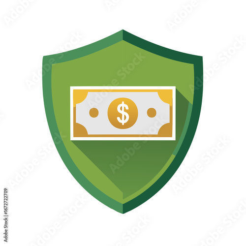 Financial security concept green shield protecting dollar bill icon illustration