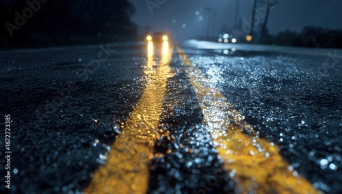 Wet asphalt road at night, headlights shining