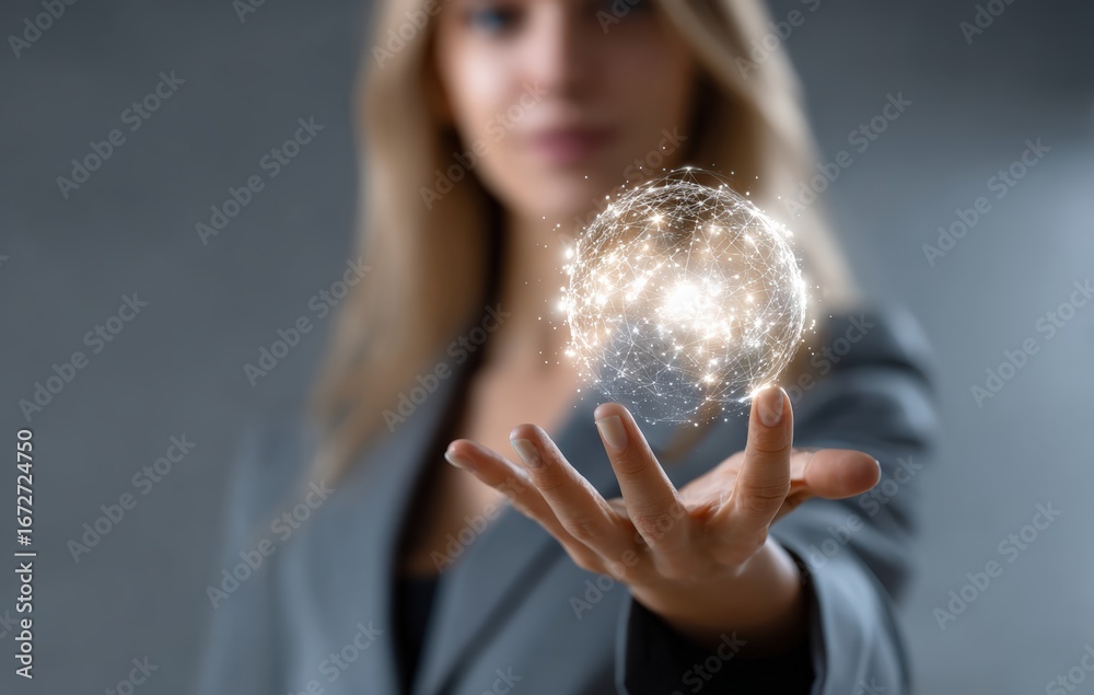 Naklejka premium Businesswoman holding a global digital network in her hand, concept of global business and technology