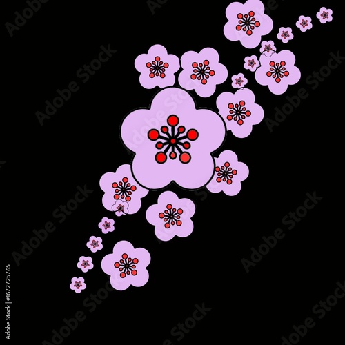 A seamless digital illustration of stylized pink flowers with black outlines and red centers, arranged in a diagonal, spiraling pattern against a dark background. The flowers vary in size, creating de