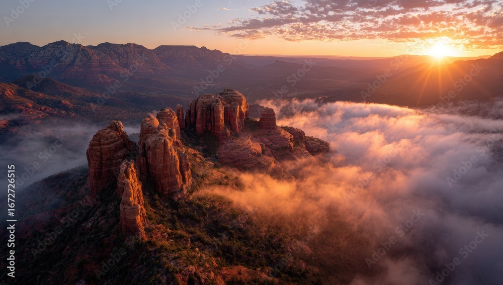 Fototapeta premium Sunrise over red rock formations shrouded in clouds