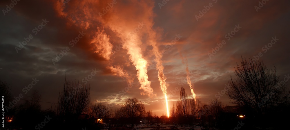 Obraz premium Orange sky at sunset landscape photography with clouds and light rays nature scenic view dramatic sky