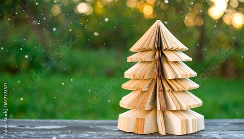 A paper Christmas tree, handcrafted from books, stands on a wooden surface against a blurred backdrop of greenery and sunlight