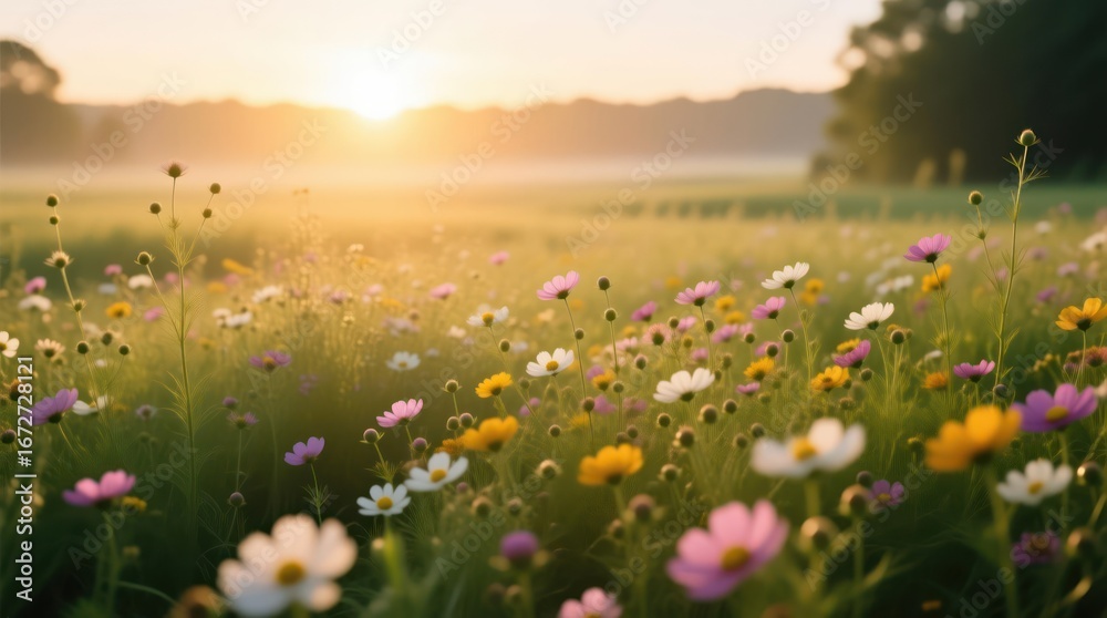 Obraz premium Sunrise over a field of wildflowers. Soft focus, vibrant colors