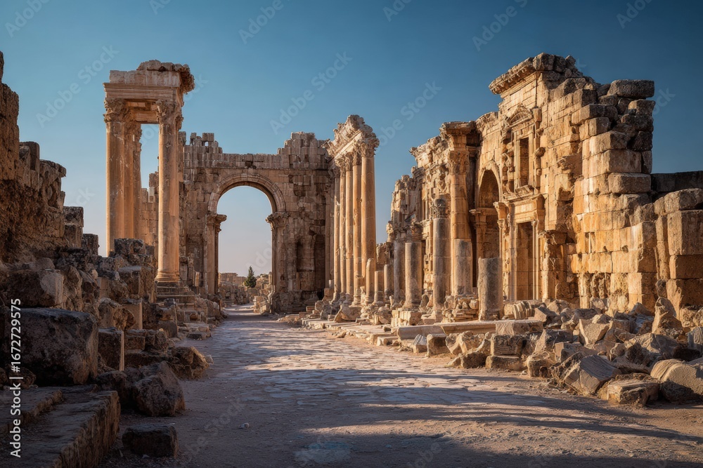 Obraz premium Ancient ruins of a sun-drenched colonnaded street
