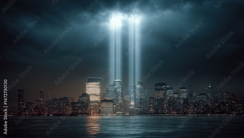 Obraz premium Nighttime cityscape with memorial lights