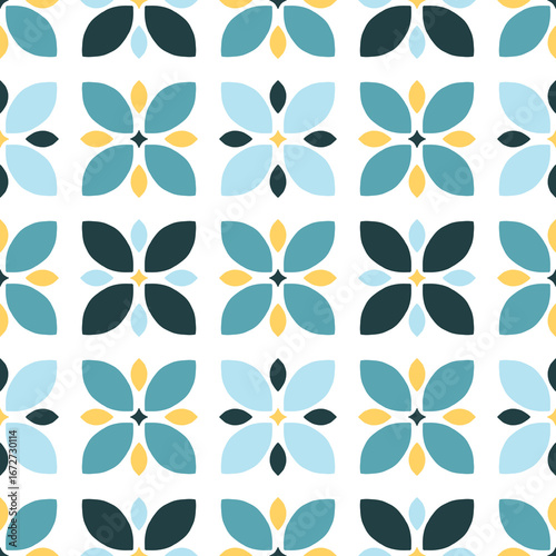 Retro Floral Geometric Pattern in Blue and Yellow – Seamless Pattern Background Design Transparent