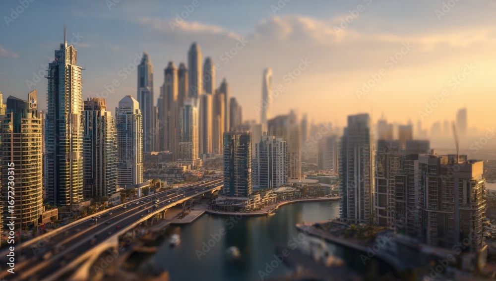 Fototapeta premium Aerial view of a city skyline at sunrise