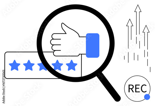 Magnifying glass over thumbs up and star ratings, arrows rising, recording icon. Ideal for feedback, quality, success, evaluation, achievement growth analytics. Abstract simple flat metaphor