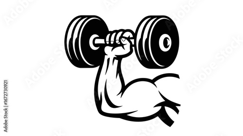 A stylized black and white illustration of a muscular arm lifting a dumbbell.