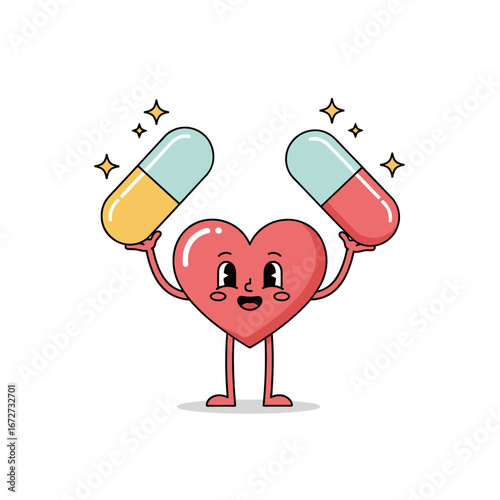 A cheerful cartoon heart character holding two colorful medical capsules symbolizing good health and well being