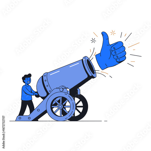 Launching a positive outcome with a cannon firing a thumbs up symbol