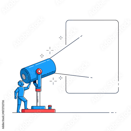 A person looks through a telescope at an empty white board representing future opportunities and possibilities