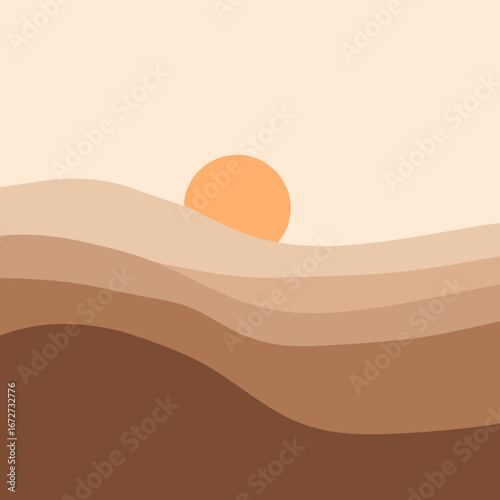 A serene desert landscape under a warm sunrise with gentle rolling dunes and a clear sky