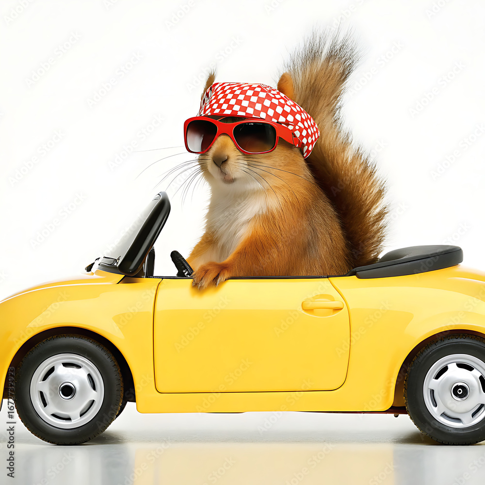 Fototapeta A squirrel wearing sunglasses and a hat driving a yellow convertible car on a white background
