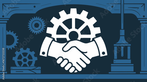 Handshake with gears symbolizing business partnership and collaboration.