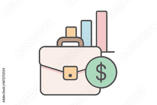 Illustration of a business briefcase with a dollar coin and a rising bar chart, symbolizing financial growth and investment.
