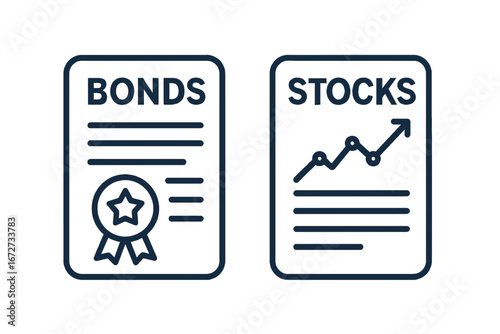 Icons of bonds and stocks, representing investment and financial markets.