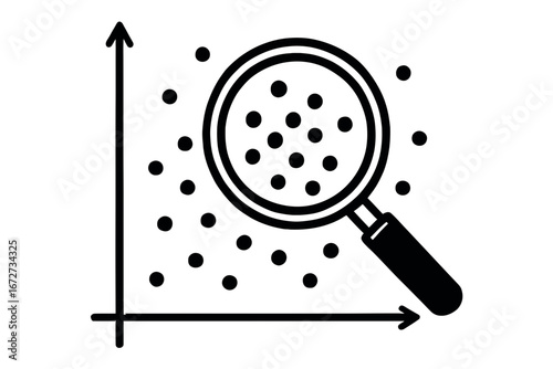 A line art icon of a magnifying glass examining data points on a scatter plot, symbolizing analysis and research.