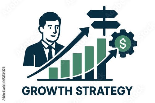 A business professional stands beside a rising bar graph indicating growth, with arrows and a gear symbolizing strategy and financial progress.
