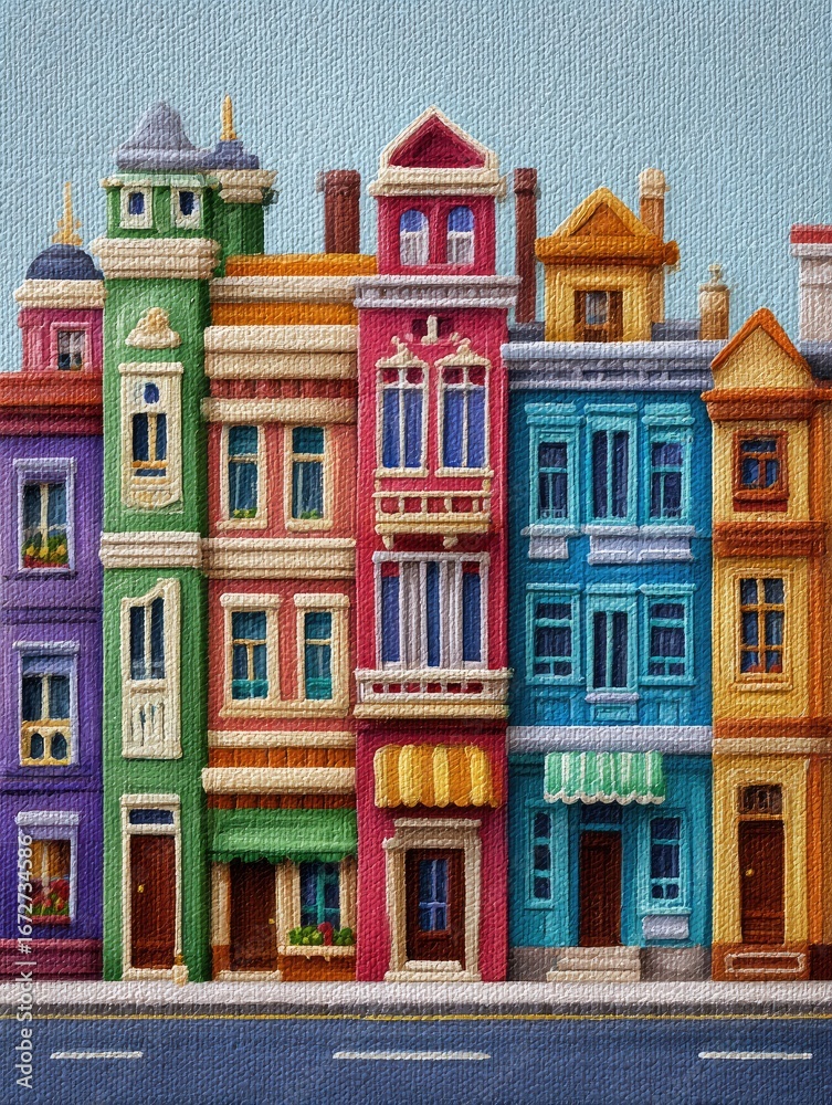 Fototapeta premium Colorful European street scene, illustration, city buildings, travel postcard design