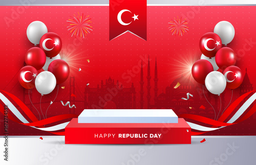 Happy Turkey Republic Day rectangle podium design with wavy ribbons on red background. Turkey Independence day template for banners, posters, cards, flyers template. Vector illustration.