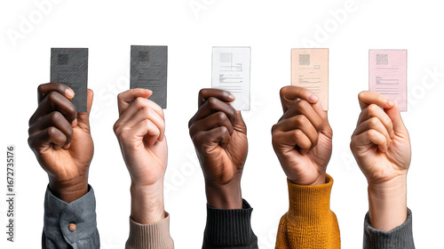 diverse human hands holding ballots, isolated on white background