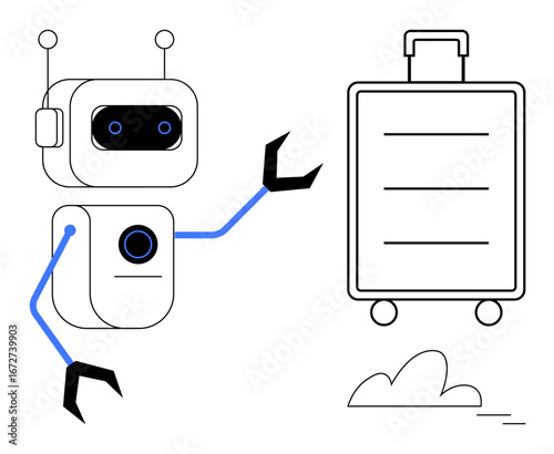 Robot with mechanical arms reaching towards a wheeled suitcase near a cloud. Ideal for technology, robotics, automation, travel, artificial intelligence, future concepts, innovation. Simple flat