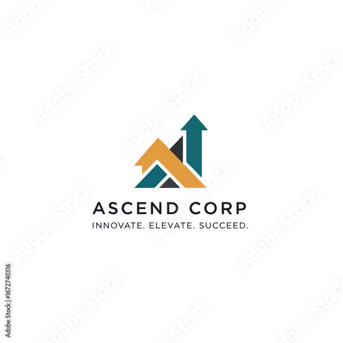 Ascend Corp logo featuring abstract geometric shapes in teal, gold, and dark grey, symbolizing growth, innovation, and success for a business.