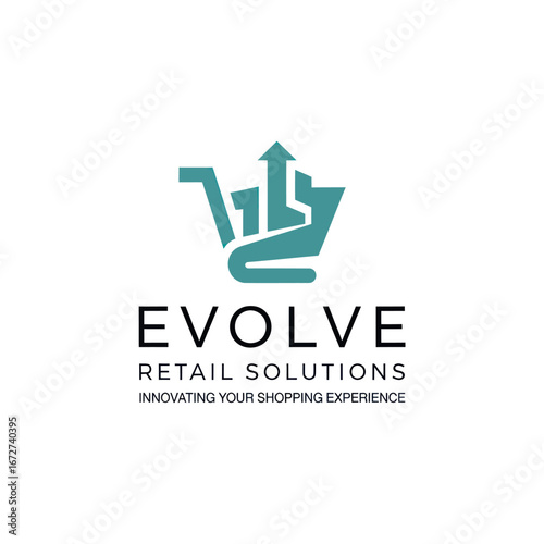 Evolve Retail Solutions logo featuring a shopping cart with rising bar graphs and an upward arrow, symbolizing growth and innovation in the retail industry.