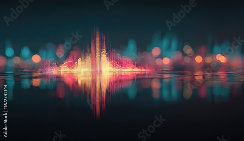 A vibrant cityscape silhouette, composed of glowing sound waves reflected on a dark surface, creates a captivating visual effect.