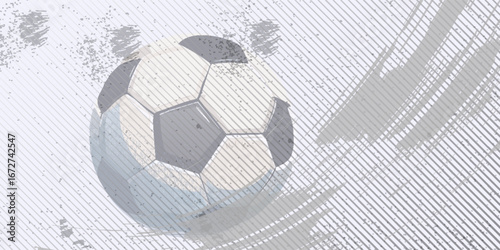 Football themed background in gray tones with abstract meshes and curves, with sport symbols such as a football player and ball
