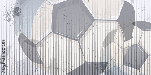 Football themed background in gray tones with abstract meshes and curves, with sport symbols such as a football player and ball