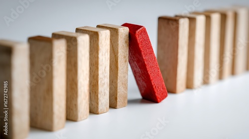  A row of wooden dominoes is lined up on a white surface. A single, differently colored (red) domino is positioned in the middle of the row, about to be tipped over, which would cause a chain reaction