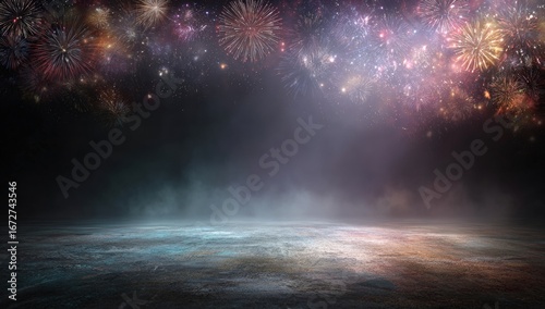 Fireworks display over a textured floor
