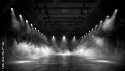 Black and white interior scene, spotlights, smoke